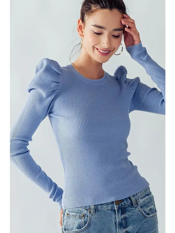Cher Puff Sleeves Rib Knit Sweater