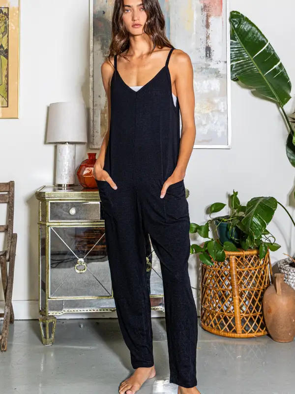 Drop Crotch Tank Style Solid Knit Jumpsuit